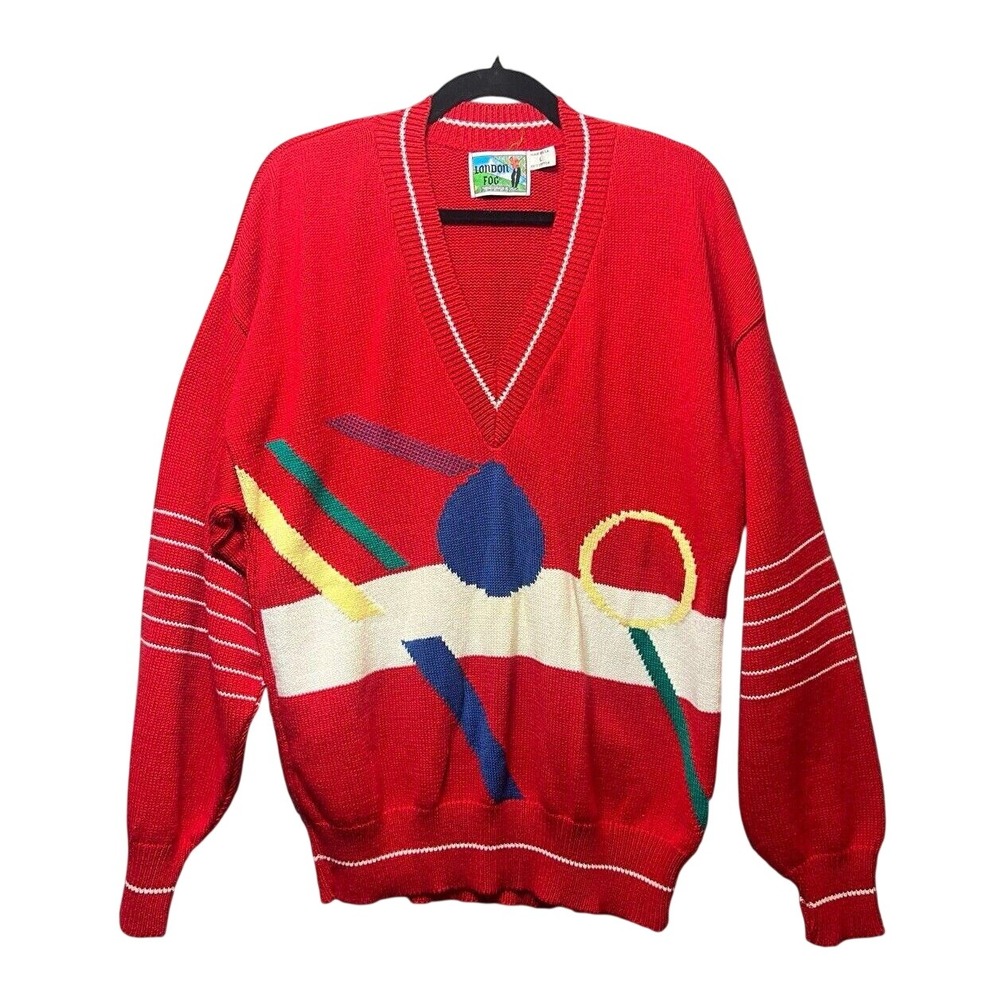 London‎ Fog Red Geometric V-Neck Cotton Sweater Mens Large Abstract Pattern